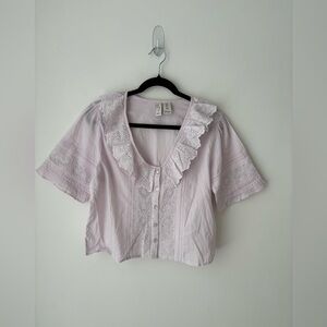 Joie Pale Lavender Eyelet Ruffle Collar Button-Front Top